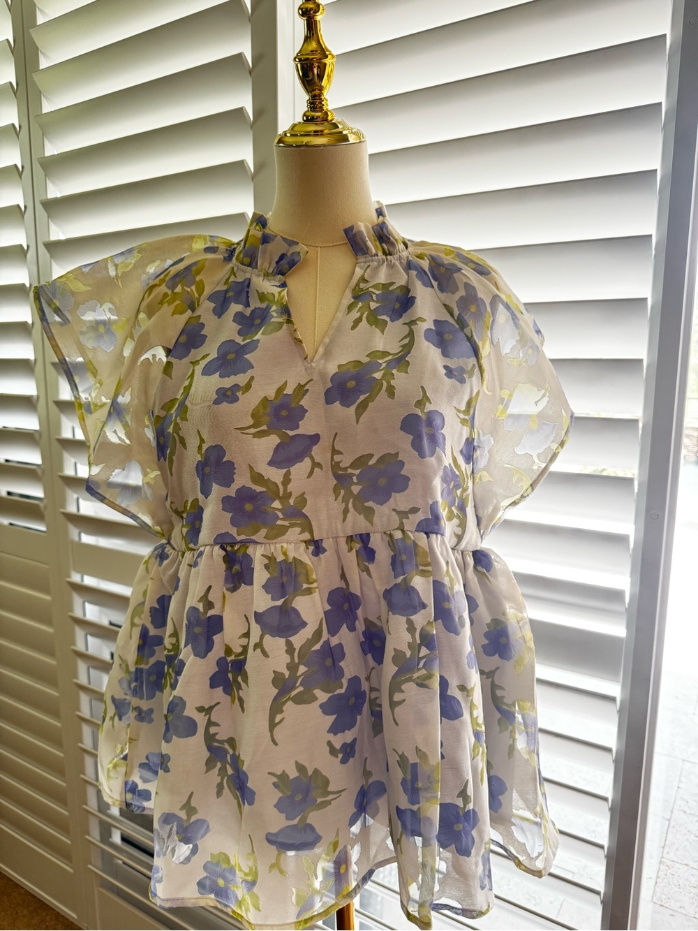 entro Lavender and Cream Sheer Ruffle Top